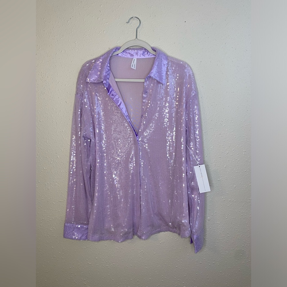 Women’s full sequin top | button down | lilac purple | semi-sheer | Large | NWT